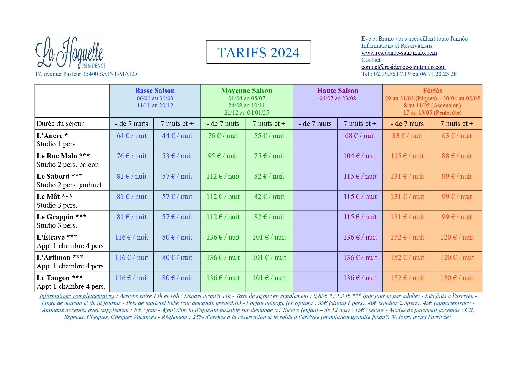 Tarifs 2024